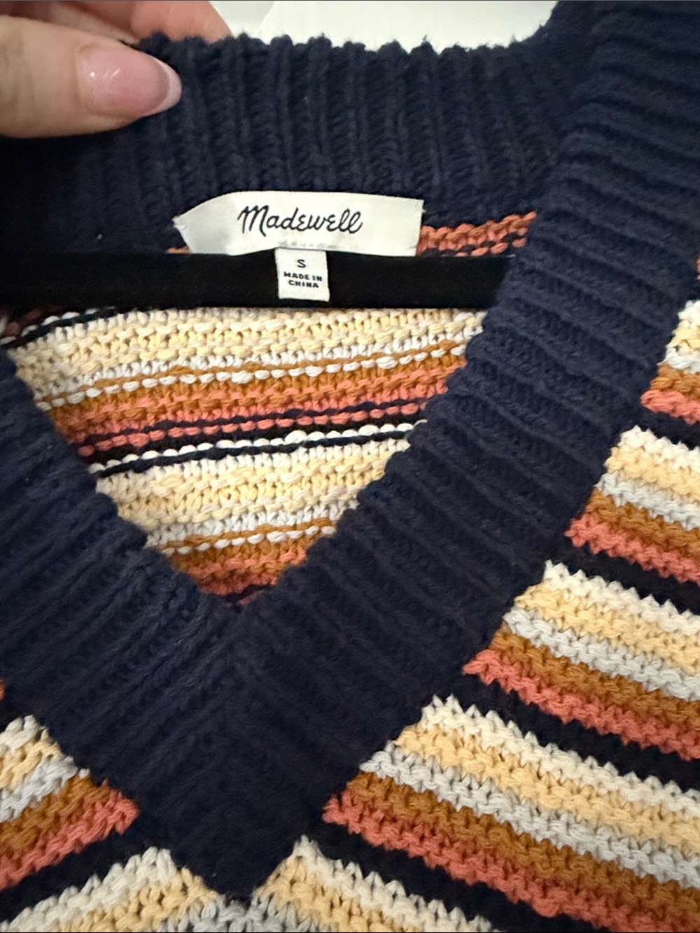 Madewell Striped V-Neck Sweater in Navy, Cream, Rust, Mustard - Picture 2 of 3